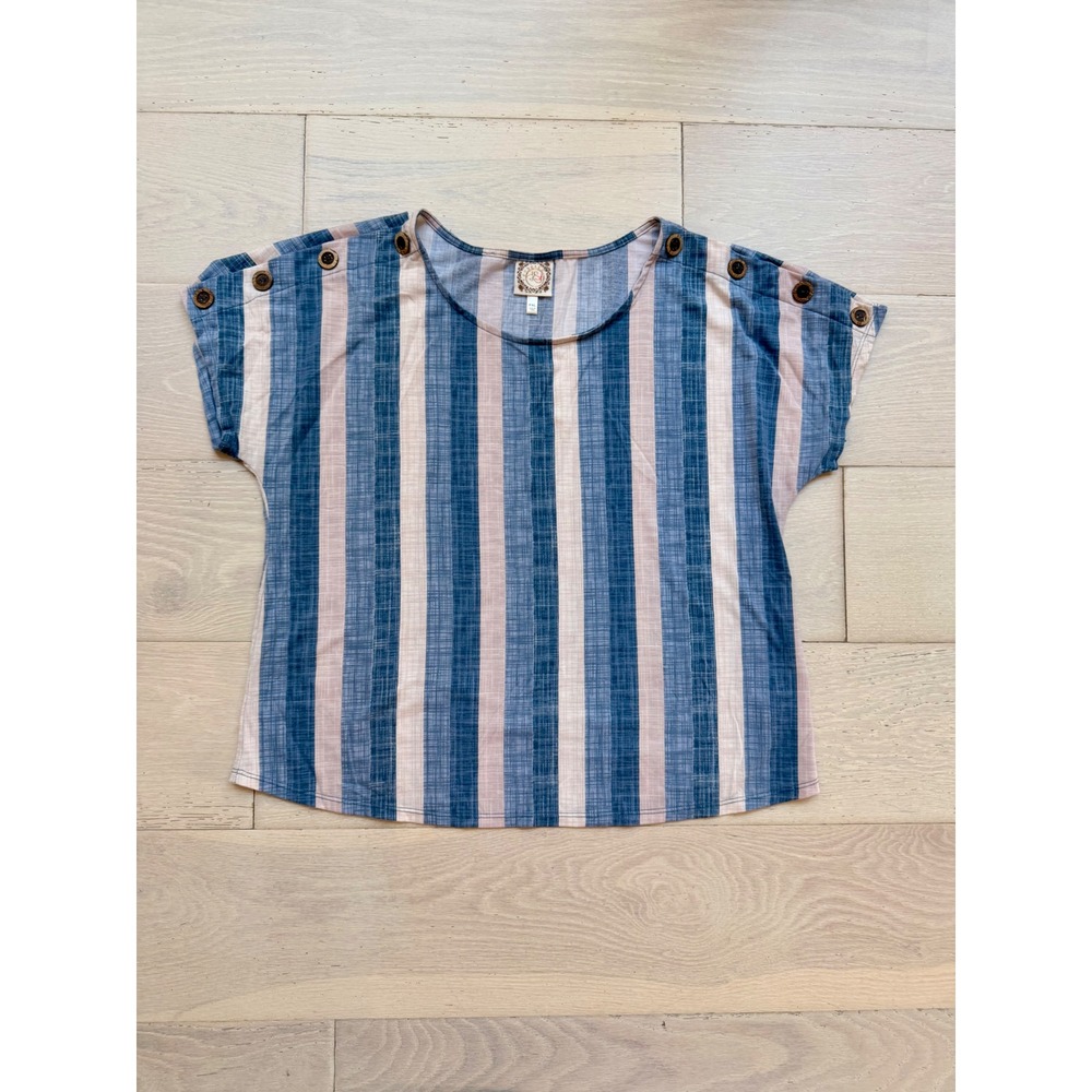 Women's Plus Size XL Blue Pink Striped Button Shoulder Blouse Casual Boho Top